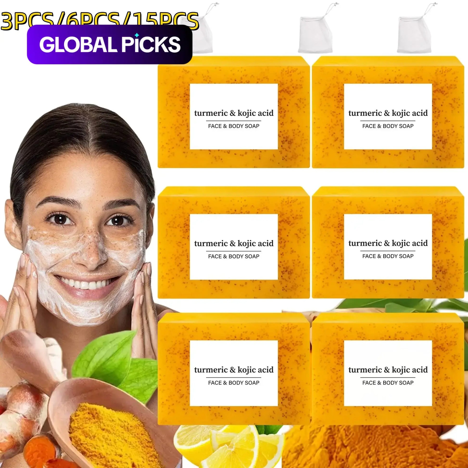 Lemon Turmeric and Kojic Acid Soap Bar, Summer Face and Body Wash for Men and Women, Daily Skincare Cleansing Cleanser with Soap Saver Bag, Moisturizing Kojic Soap #GLOBAL PICKS