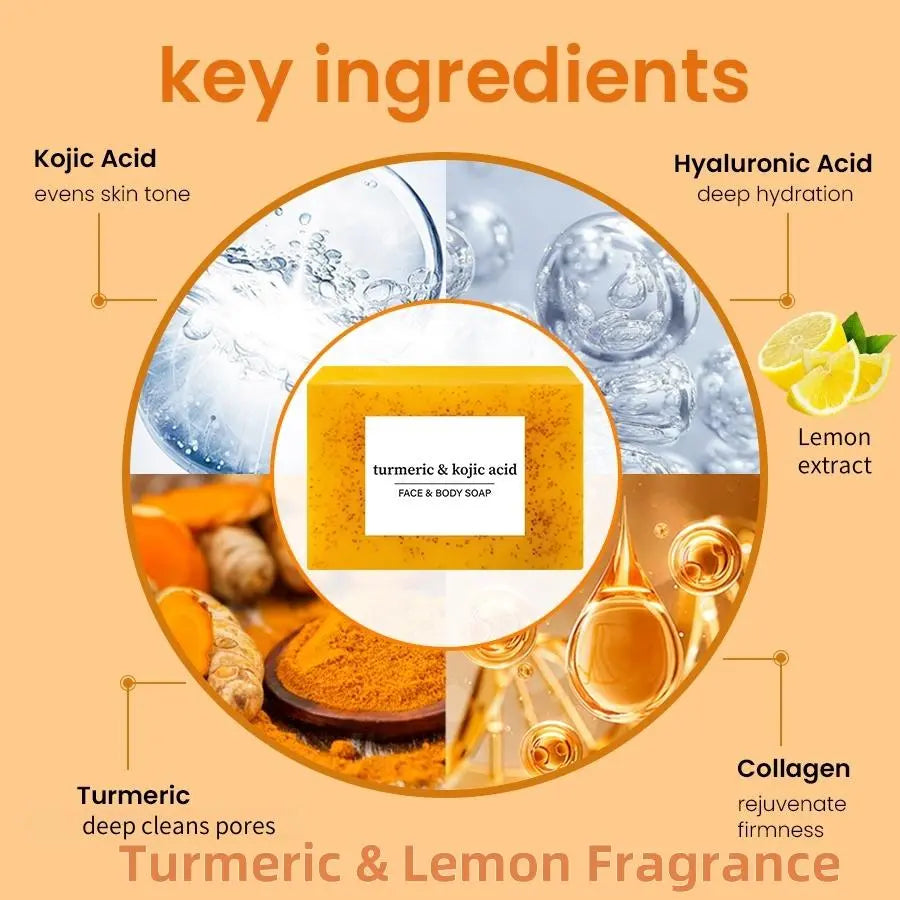 Lemon Turmeric and Kojic Acid Soap Bar, Summer Face and Body Wash for Men and Women, Daily Skincare Cleansing Cleanser with Soap Saver Bag, Moisturizing Kojic Soap #GLOBAL PICKS